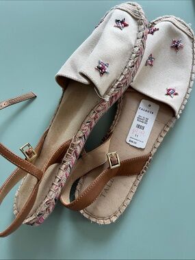 Talbots Beige Canvas Espadrille Slingback Flats with Multicolor Bead Accents